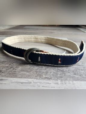 Ralph Lauren Reversible Belt Nautical Lighthouse Canvas Leather L NWT